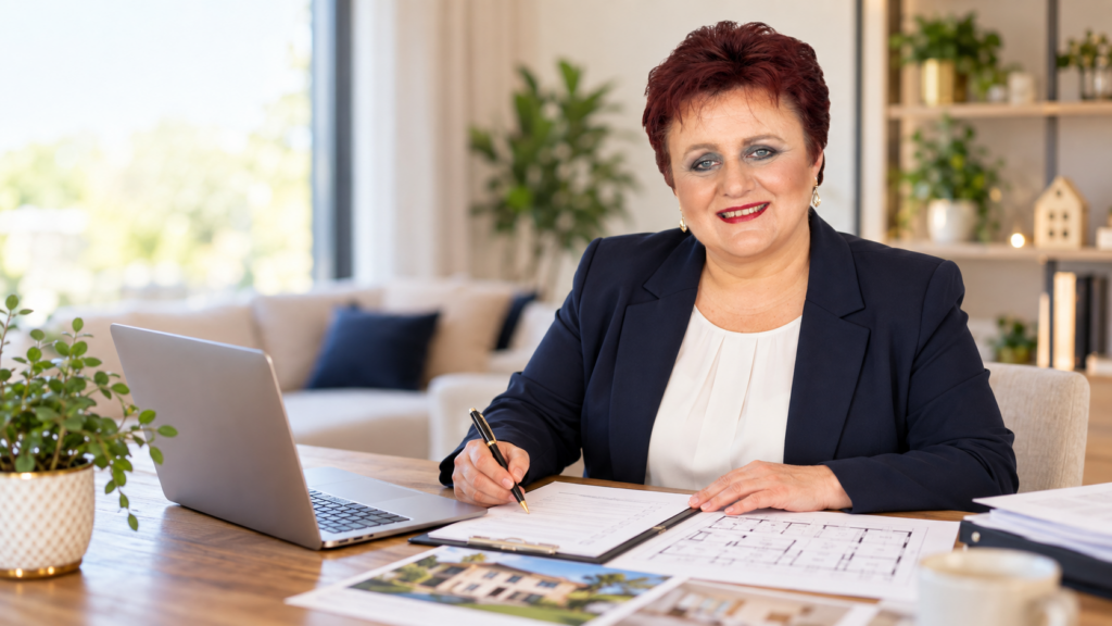 Realitní makléřka připravuje podklady k prodeji nemovitosti